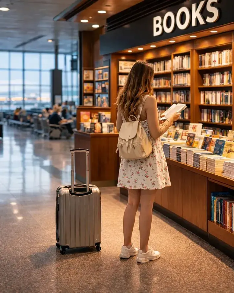 A traveller with a suitcase browses an airport bookshop