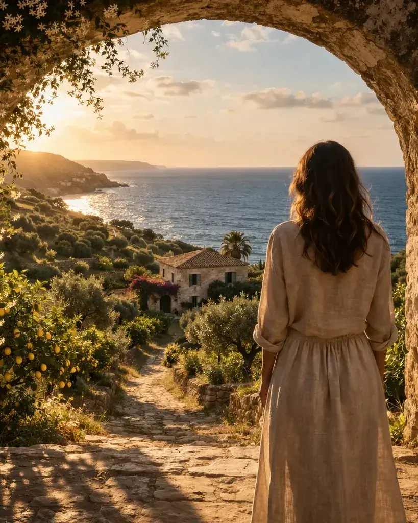 A woman stands in a stone archway above the sea at sunset