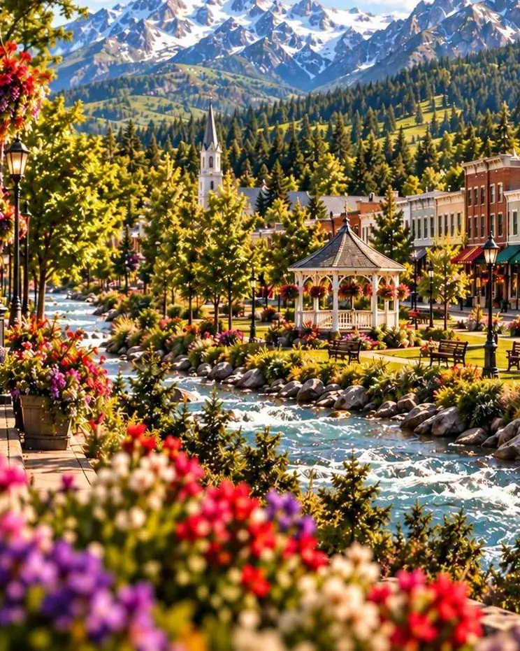 A mountain town with a white bandstand, a rushing river and flower boxes along Main Street