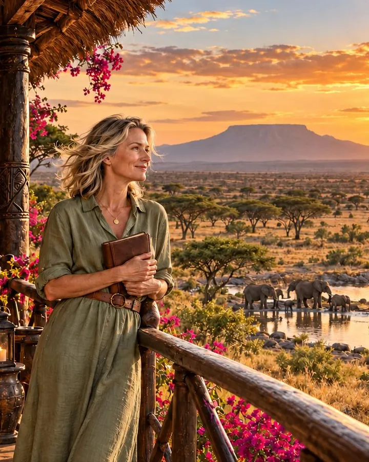 A woman on a veranda looks out over the savanna at sunset, with elephants at a waterhole
